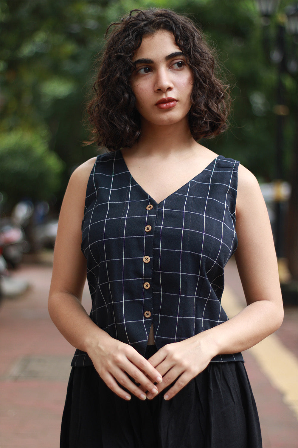 Front Buttoned Vest | Ink Blue Grid