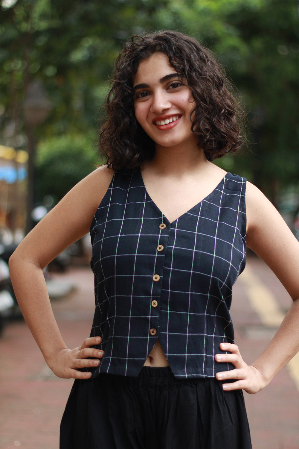 Front Buttoned Vest | Ink Blue Grid