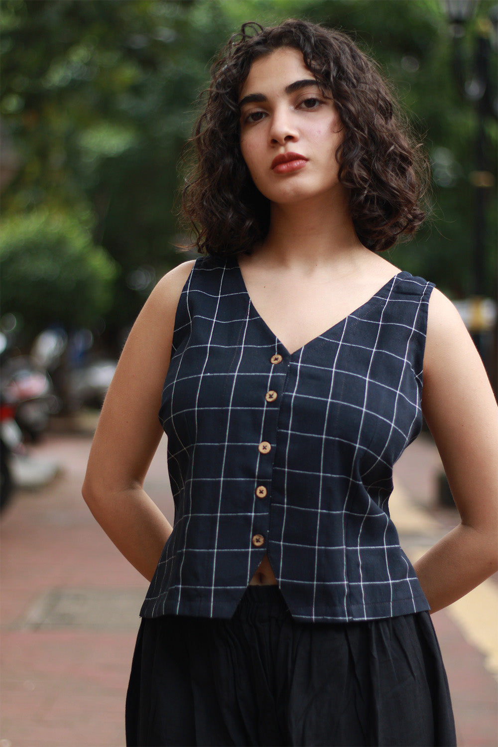 Front Buttoned Vest | Ink Blue Grid