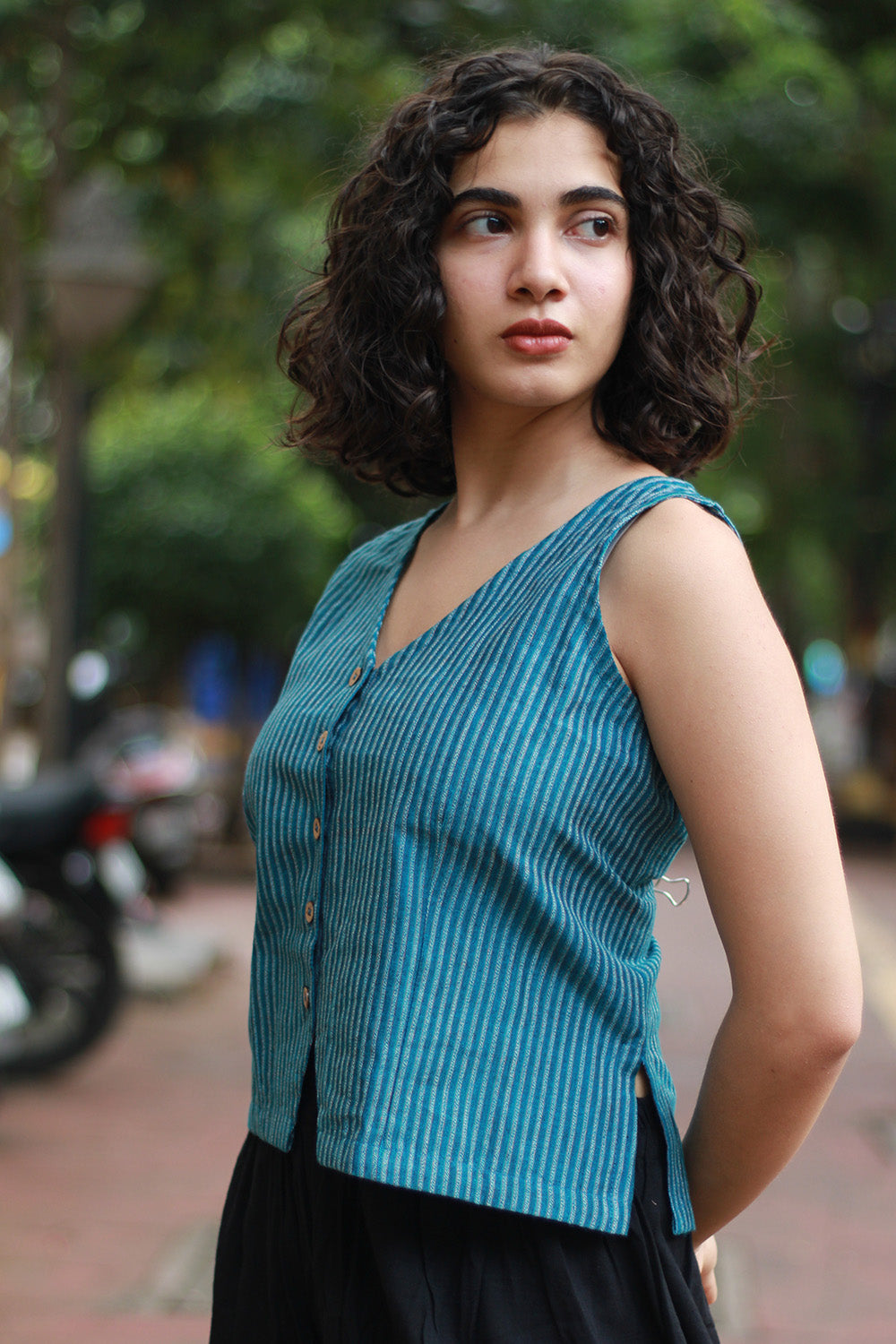 Front Buttoned Vest | Blue Stripes
