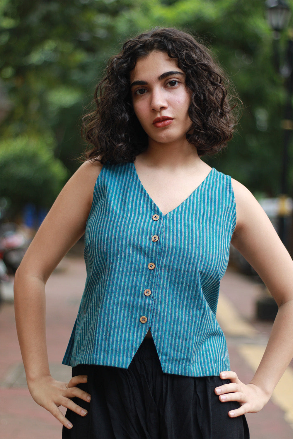 Front Buttoned Vest | Blue Stripes