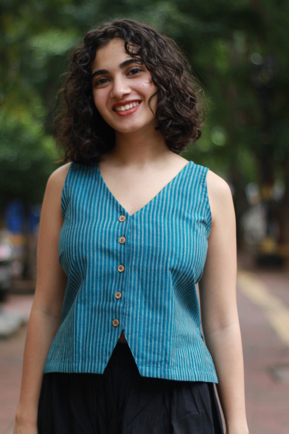 Front Buttoned Vest | Blue Stripes