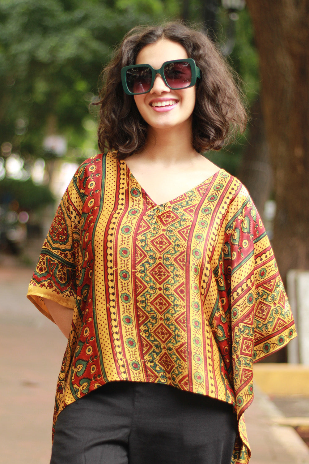 Taarini Mini | Modal Silk Kaftan Top | Yellow Geometric Ajrakh