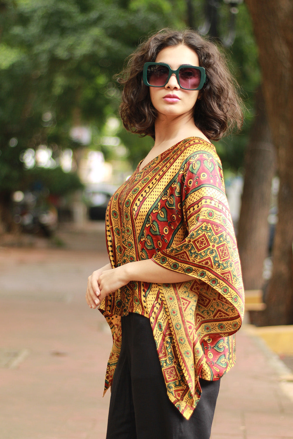 Taarini Mini | Modal Silk Kaftan Top | Yellow Geometric Ajrakh