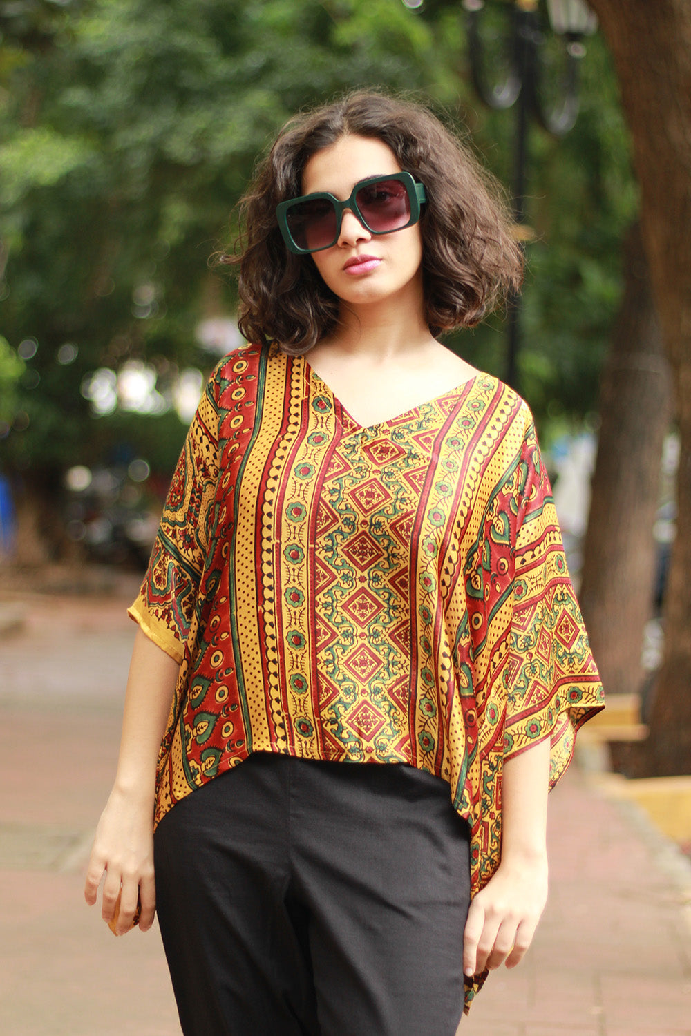 Taarini Mini | Modal Silk Kaftan Top | Yellow Geometric Ajrakh