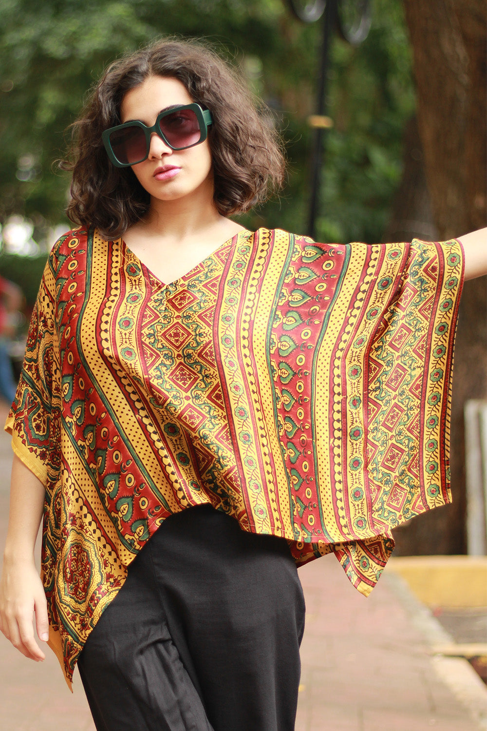 Taarini Mini | Modal Silk Kaftan Top | Yellow Geometric Ajrakh