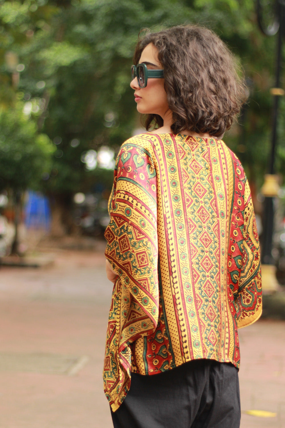 Taarini Mini | Modal Silk Kaftan Top | Yellow Geometric Ajrakh