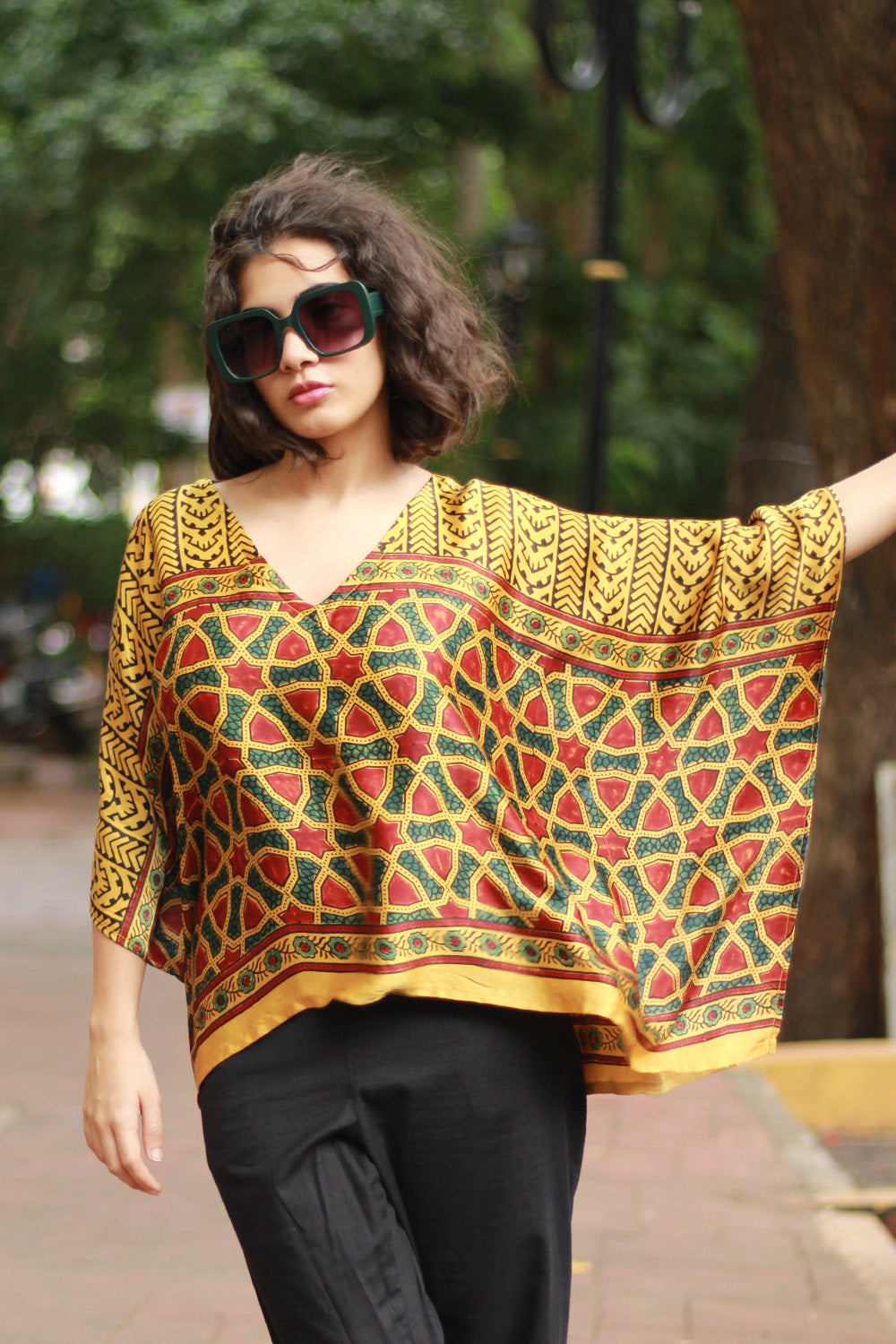 Taarini Mini | Modal Silk Kaftan Top | Yellow Geometric Ajrakh