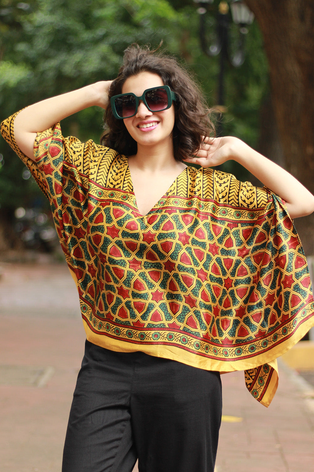 Taarini Mini | Modal Silk Kaftan Top | Yellow Geometric Ajrakh