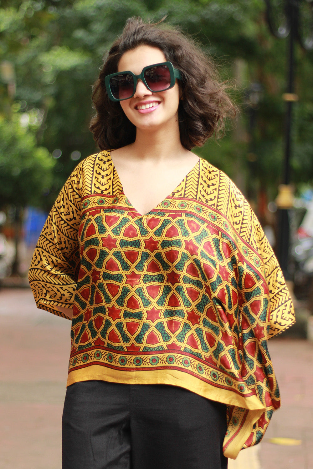 Taarini Mini | Modal Silk Kaftan Top | Yellow Geometric Ajrakh