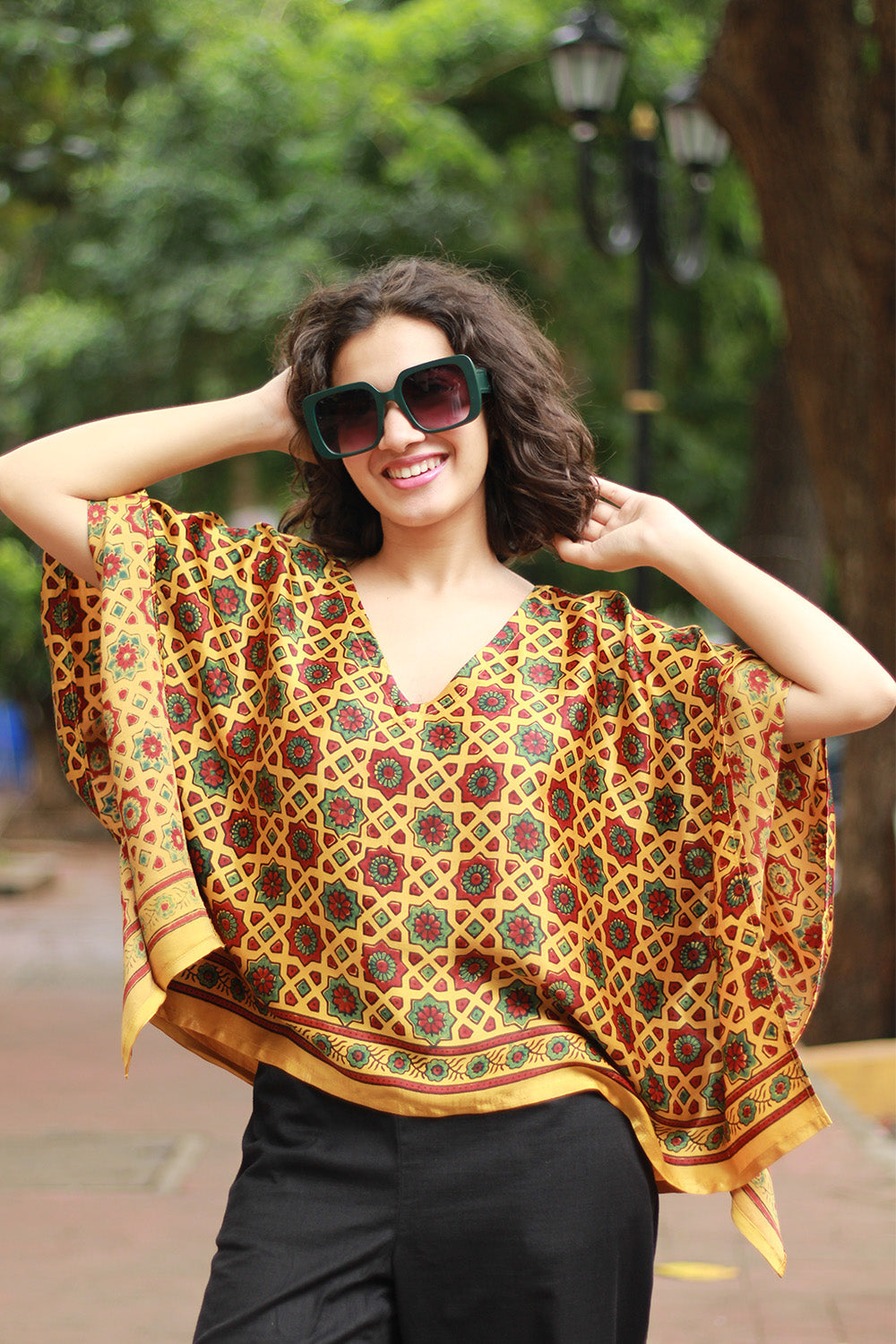 Taarini Mini | Modal Silk Kaftan Top | Yellow Geometric Ajrakh