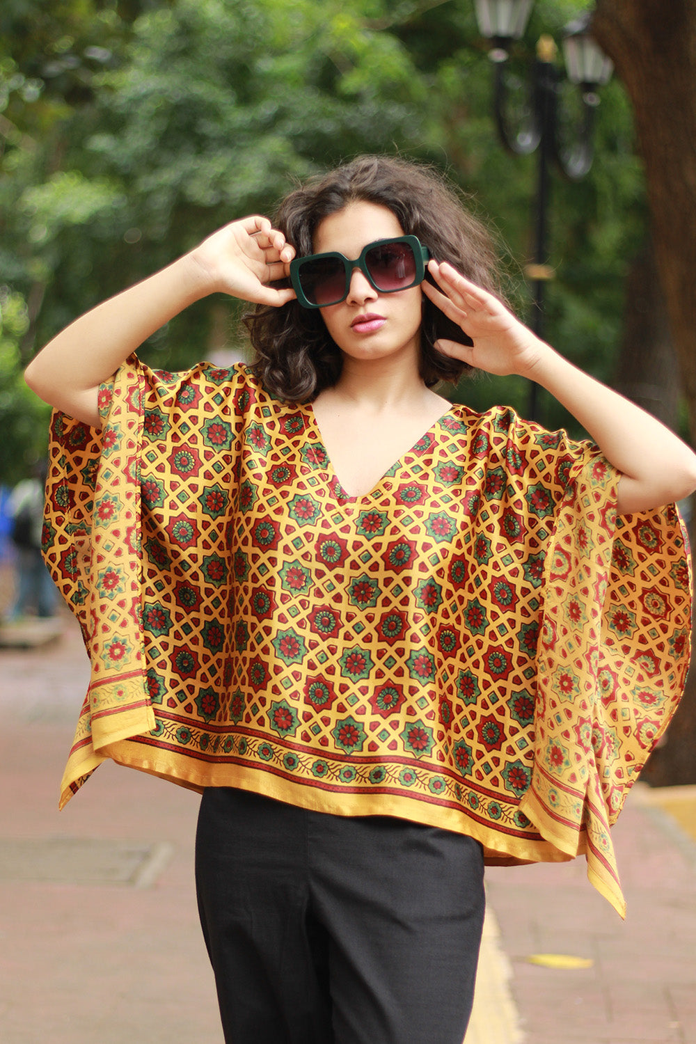 Taarini Mini | Modal Silk Kaftan Top | Yellow Geometric Ajrakh