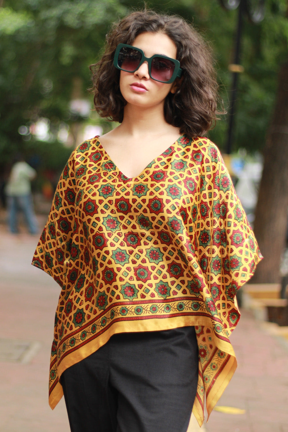 Taarini Mini | Modal Silk Kaftan Top | Yellow Geometric Ajrakh