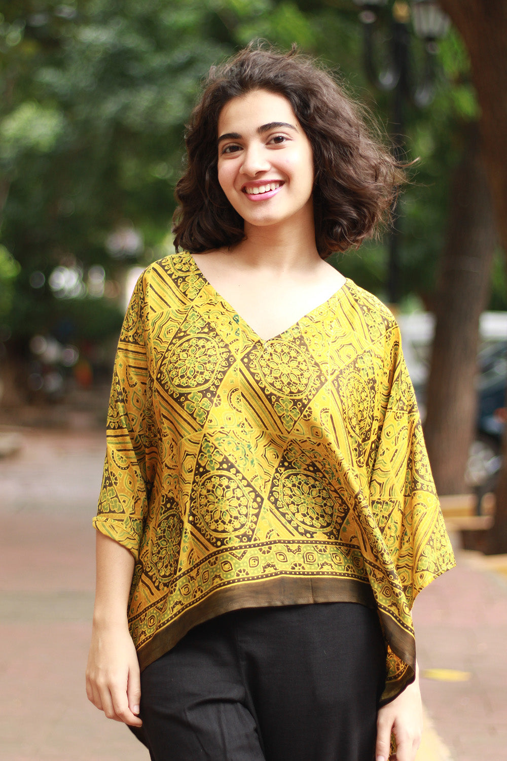 Taarini Mini | Modal Silk Kaftan Top | Yellow Geometric Ajrakh