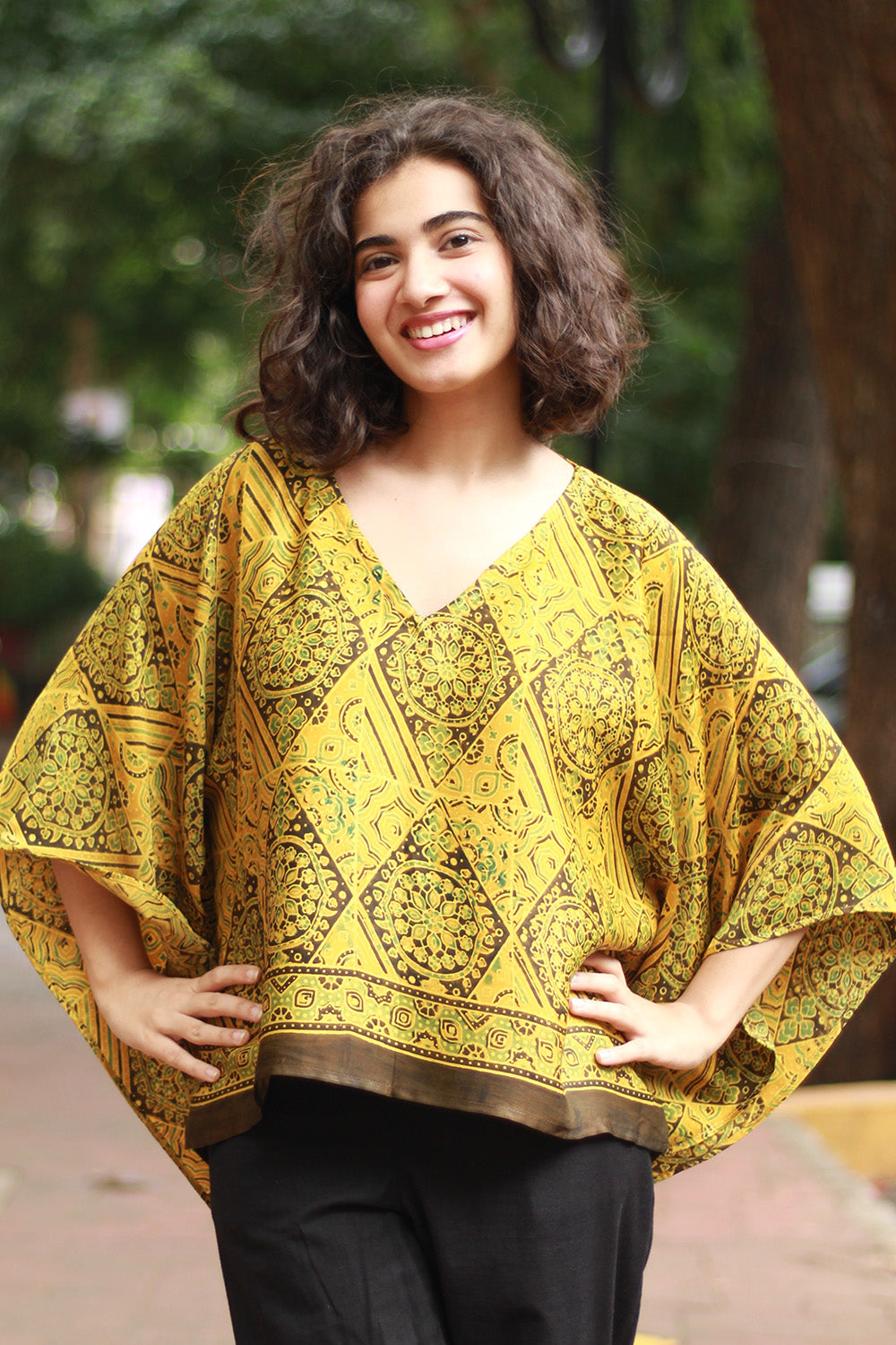 Taarini Mini | Modal Silk Kaftan Top | Yellow Geometric Ajrakh
