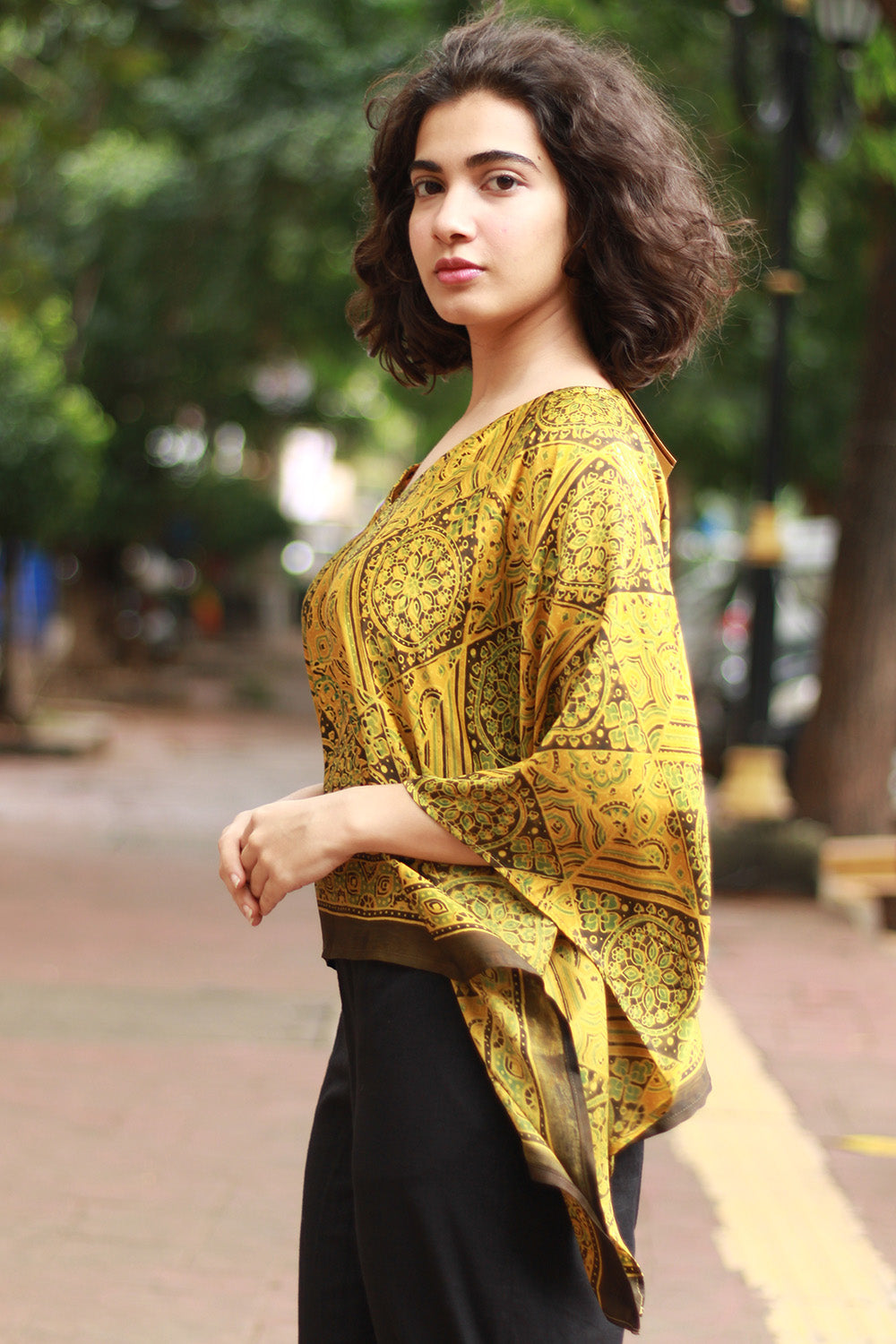 Taarini Mini | Modal Silk Kaftan Top | Yellow Geometric Ajrakh