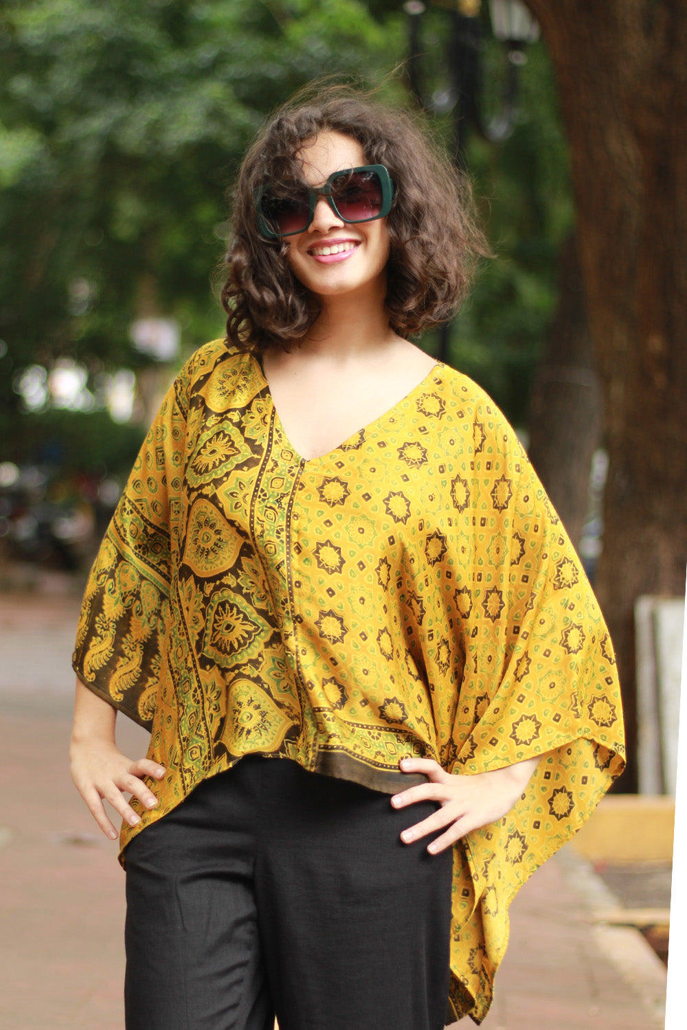 Taarini Mini | Modal Silk Kaftan Top | Yellow Geometric Ajrakh