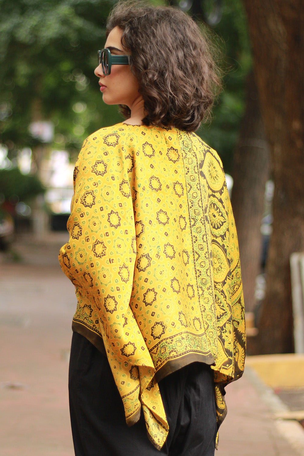 Taarini Mini | Modal Silk Kaftan Top | Yellow Geometric Ajrakh
