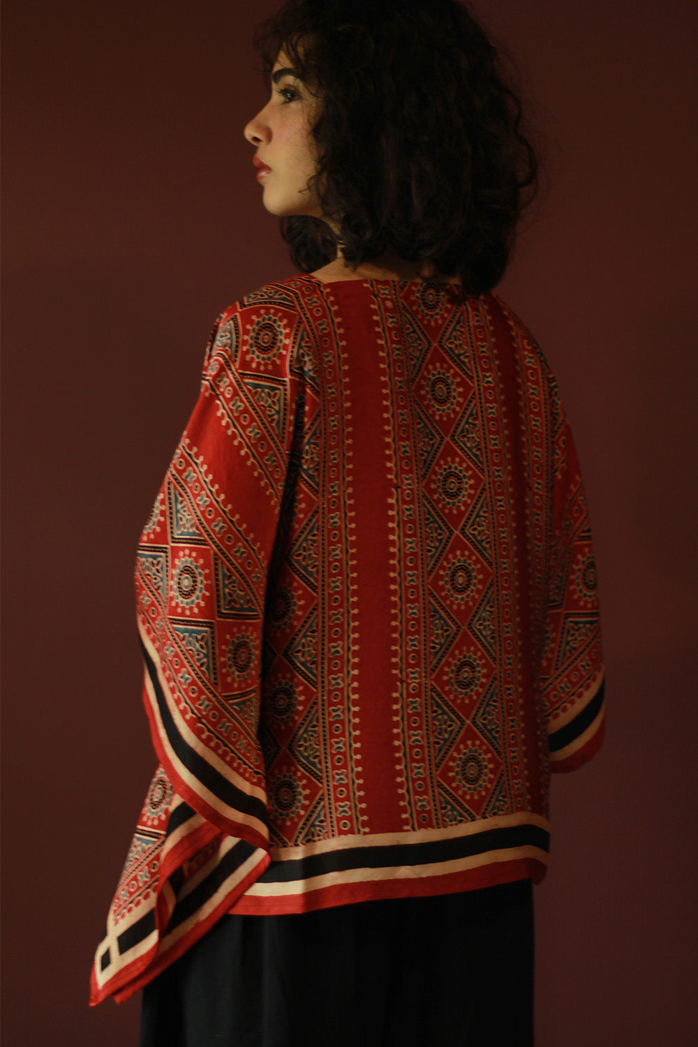 Taarini Mini | Modal Silk Kaftan Top | Madder Floral Ajrakh