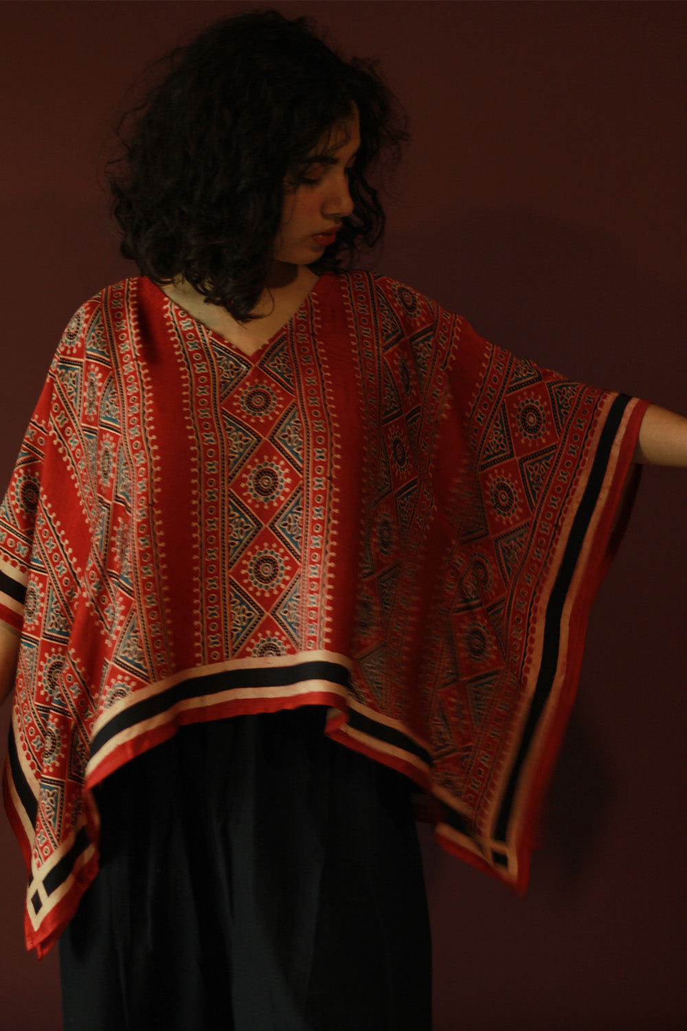 Taarini Mini | Modal Silk Kaftan Top | Madder Floral Ajrakh