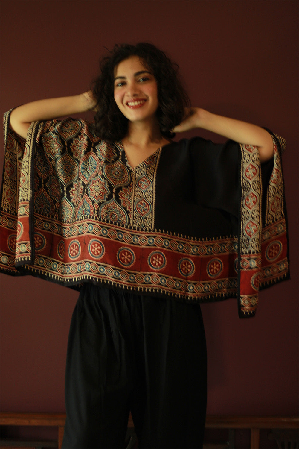 Taarini Mini | Modal Silk Kaftan Top | Noir Ajrakh
