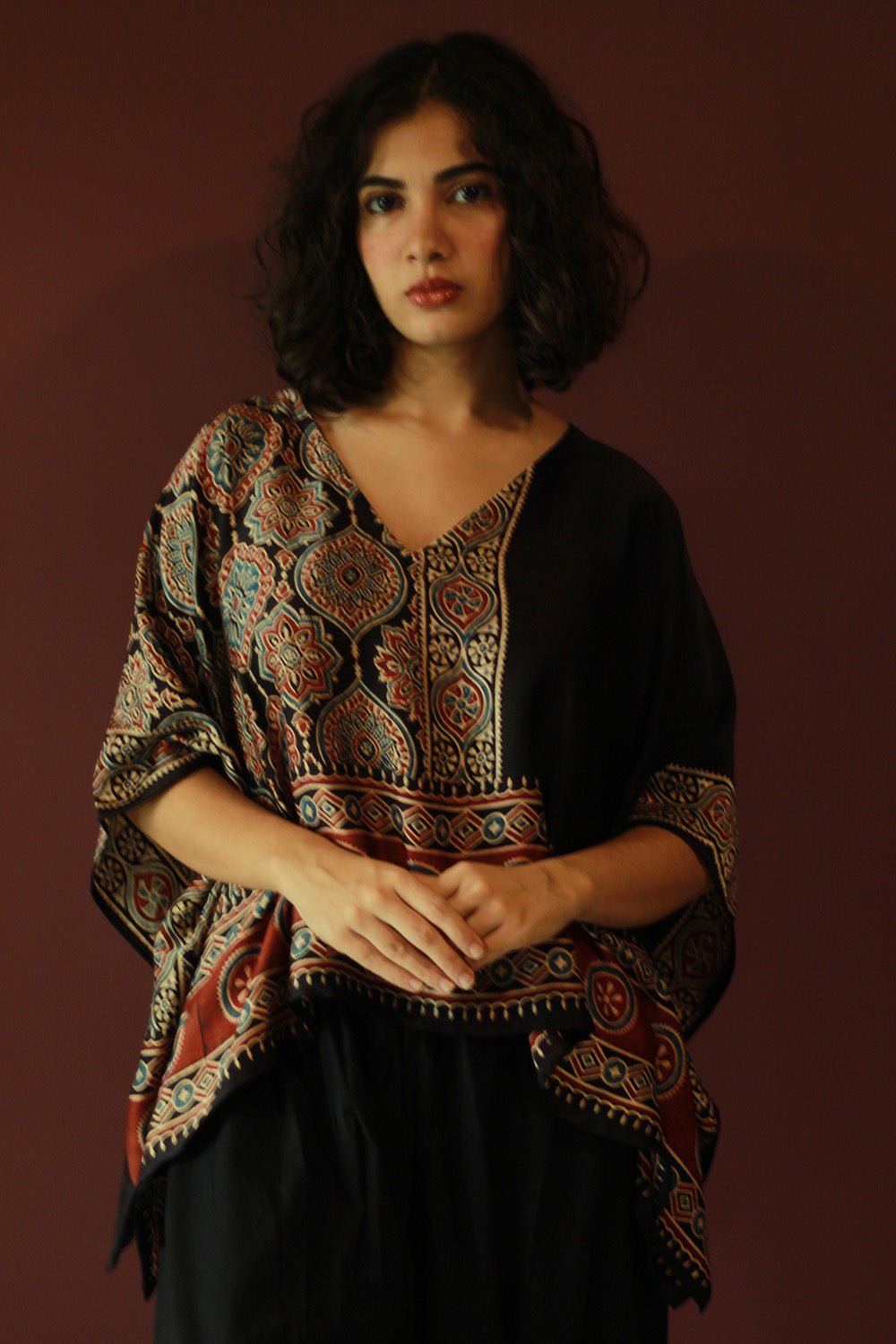 Taarini Mini | Modal Silk Kaftan Top | Noir Ajrakh