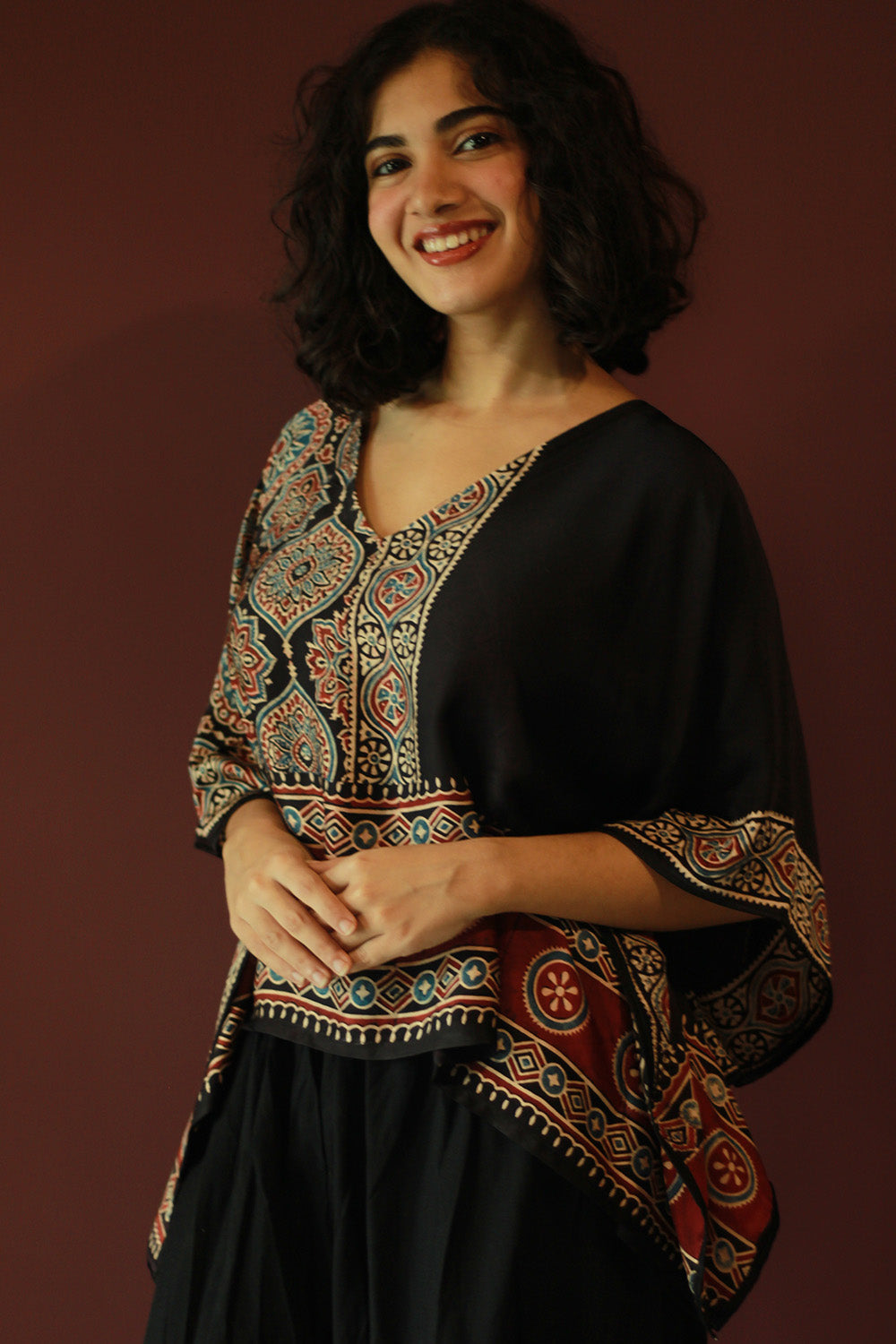 Taarini Mini | Modal Silk Kaftan Top | Noir Ajrakh