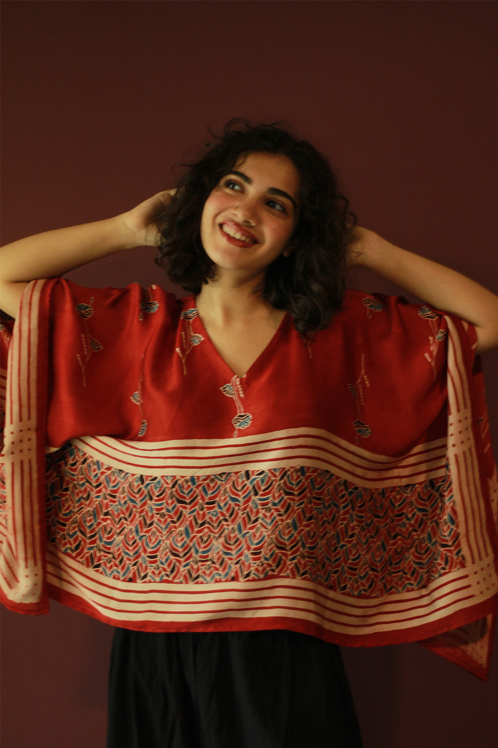 Taarini Mini | Modal Silk Kaftan Top | Madder Leaves Ajrakh