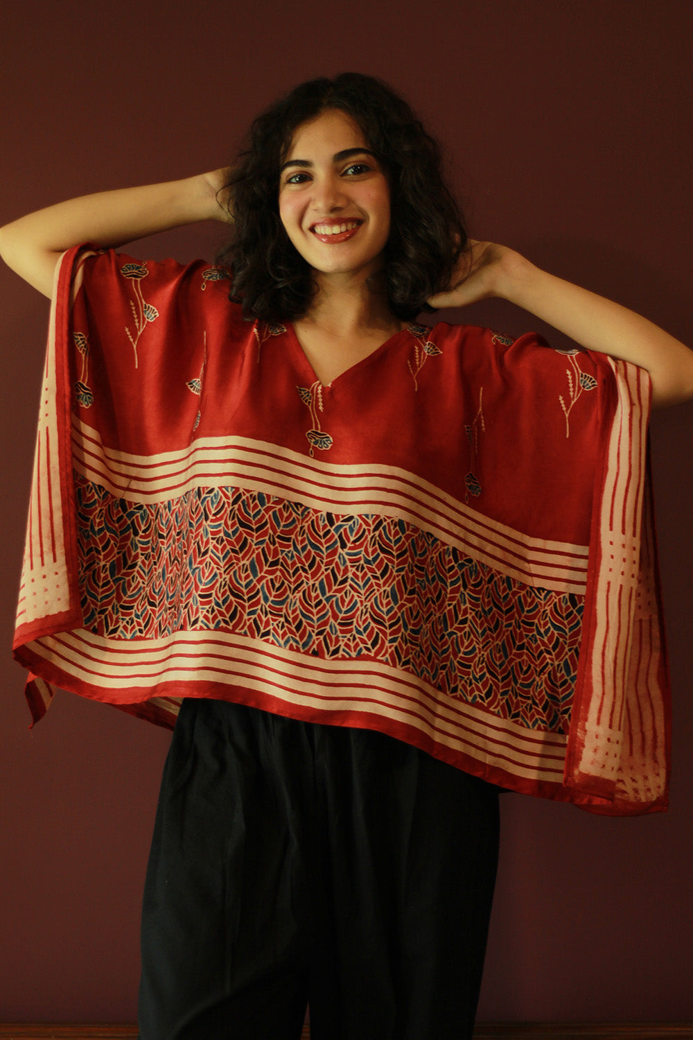Taarini Mini | Modal Silk Kaftan Top | Madder Leaves Ajrakh