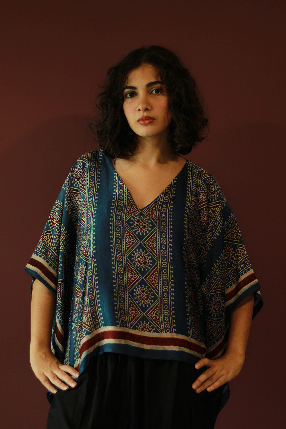 Taarini Mini | Modal Silk Kaftan Top | Blue Geometric Ajrakh