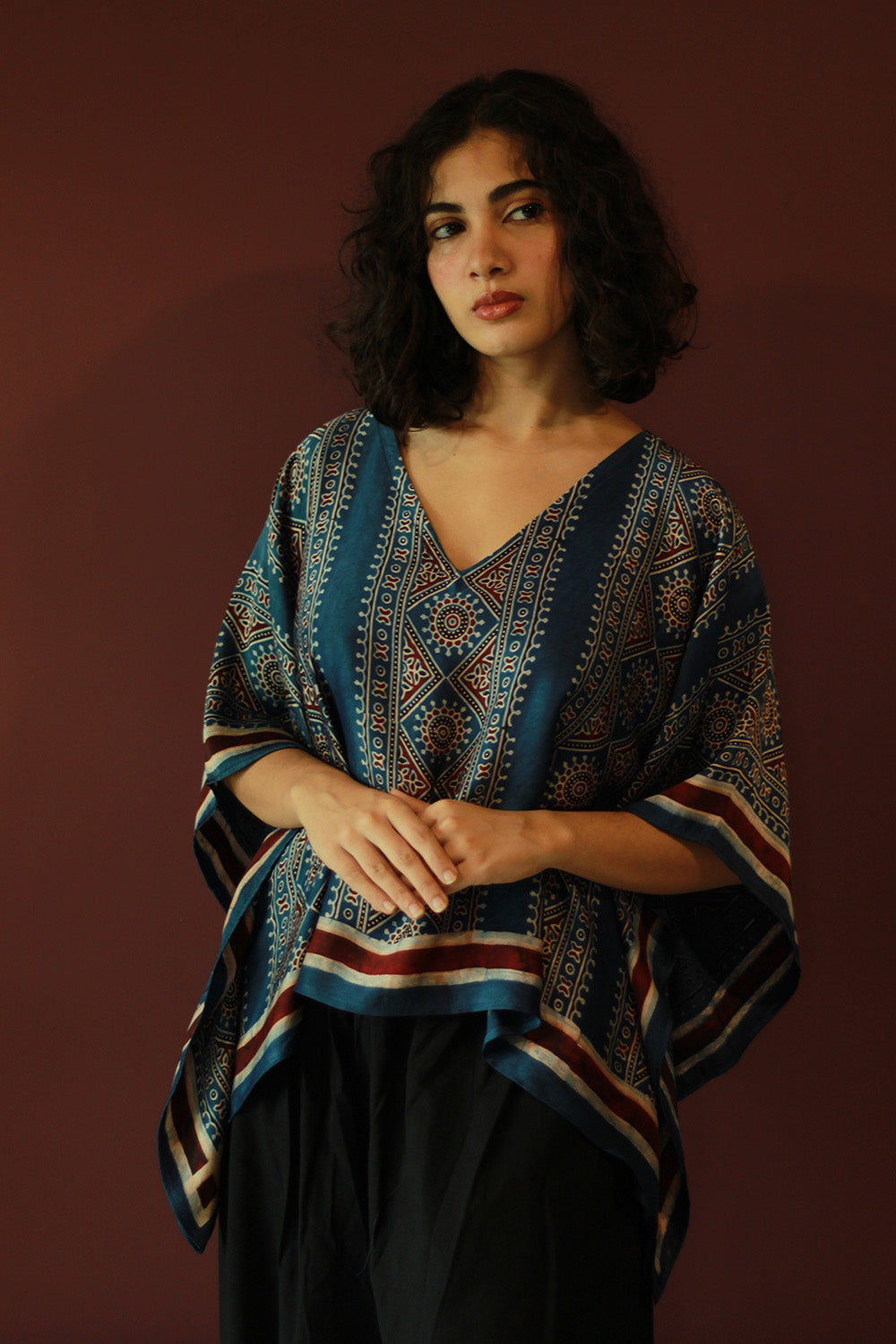Taarini Mini | Modal Silk Kaftan Top | Blue Geometric Ajrakh
