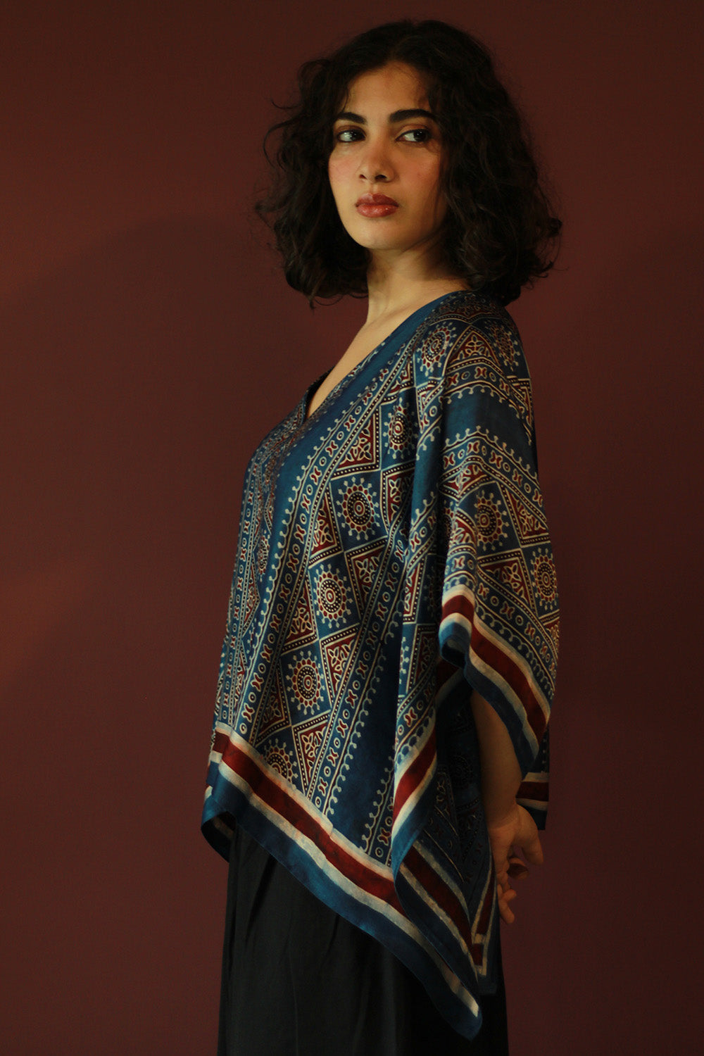 Taarini Mini | Modal Silk Kaftan Top | Blue Geometric Ajrakh