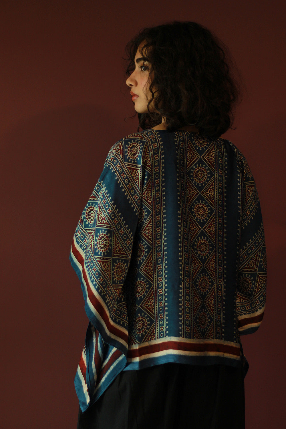 Taarini Mini | Modal Silk Kaftan Top | Blue Geometric Ajrakh