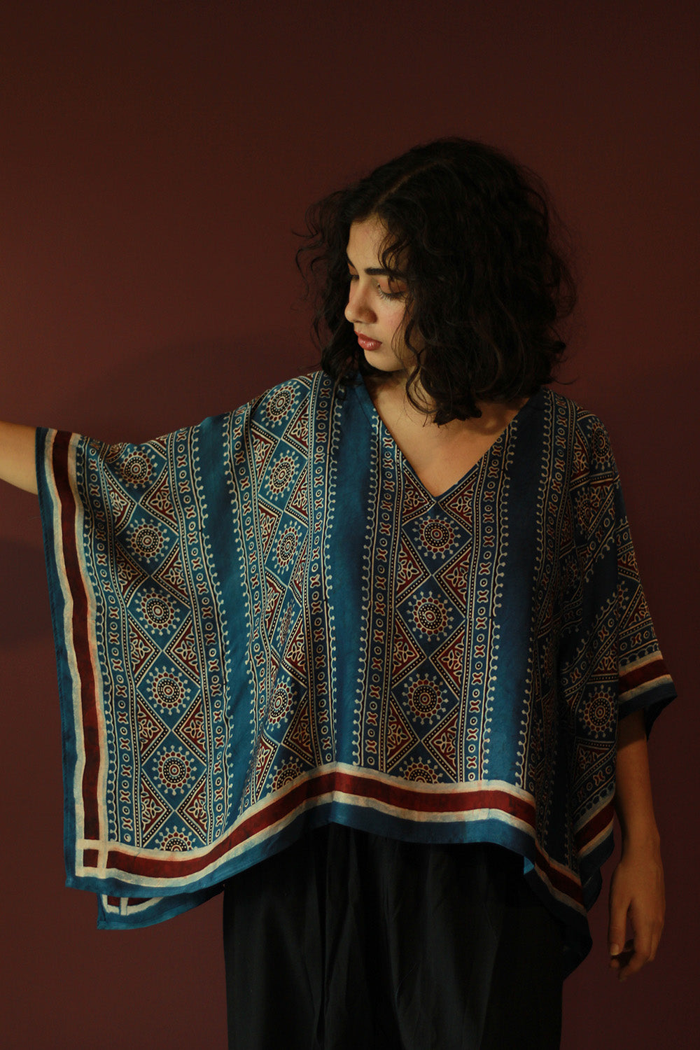 Taarini Mini | Modal Silk Kaftan Top | Blue Geometric Ajrakh