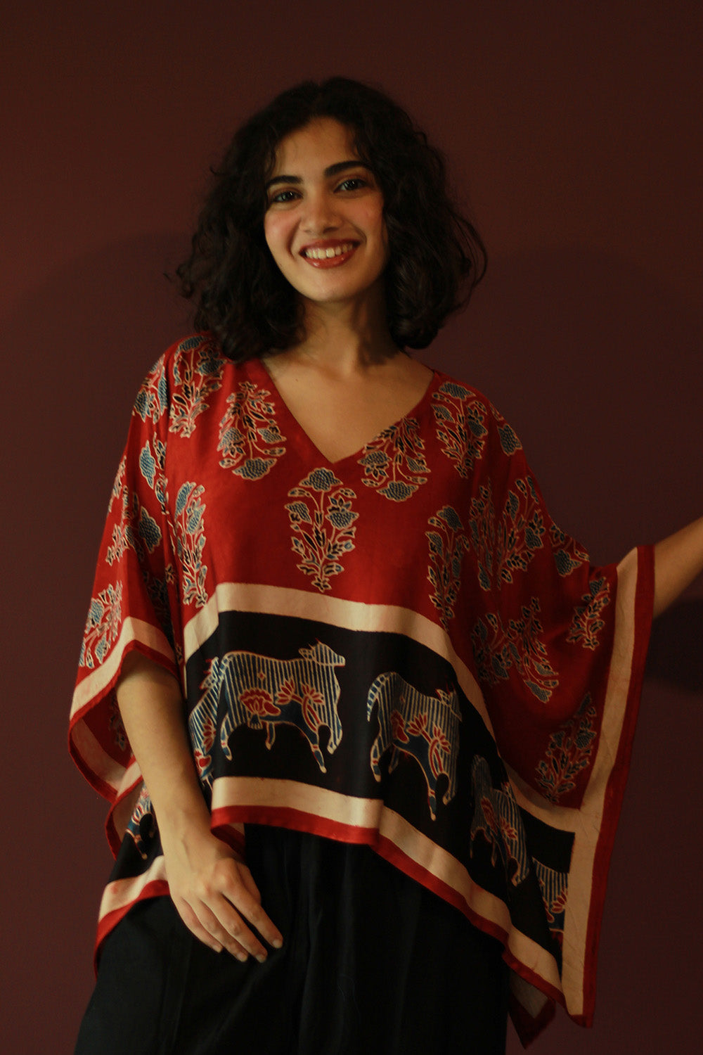 Taarini Mini | Modal Silk Kaftan Top | Madder Floral Ajrakh