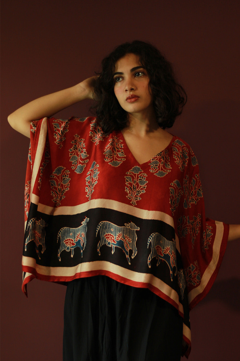 Taarini Mini | Modal Silk Kaftan Top | Madder Floral Ajrakh