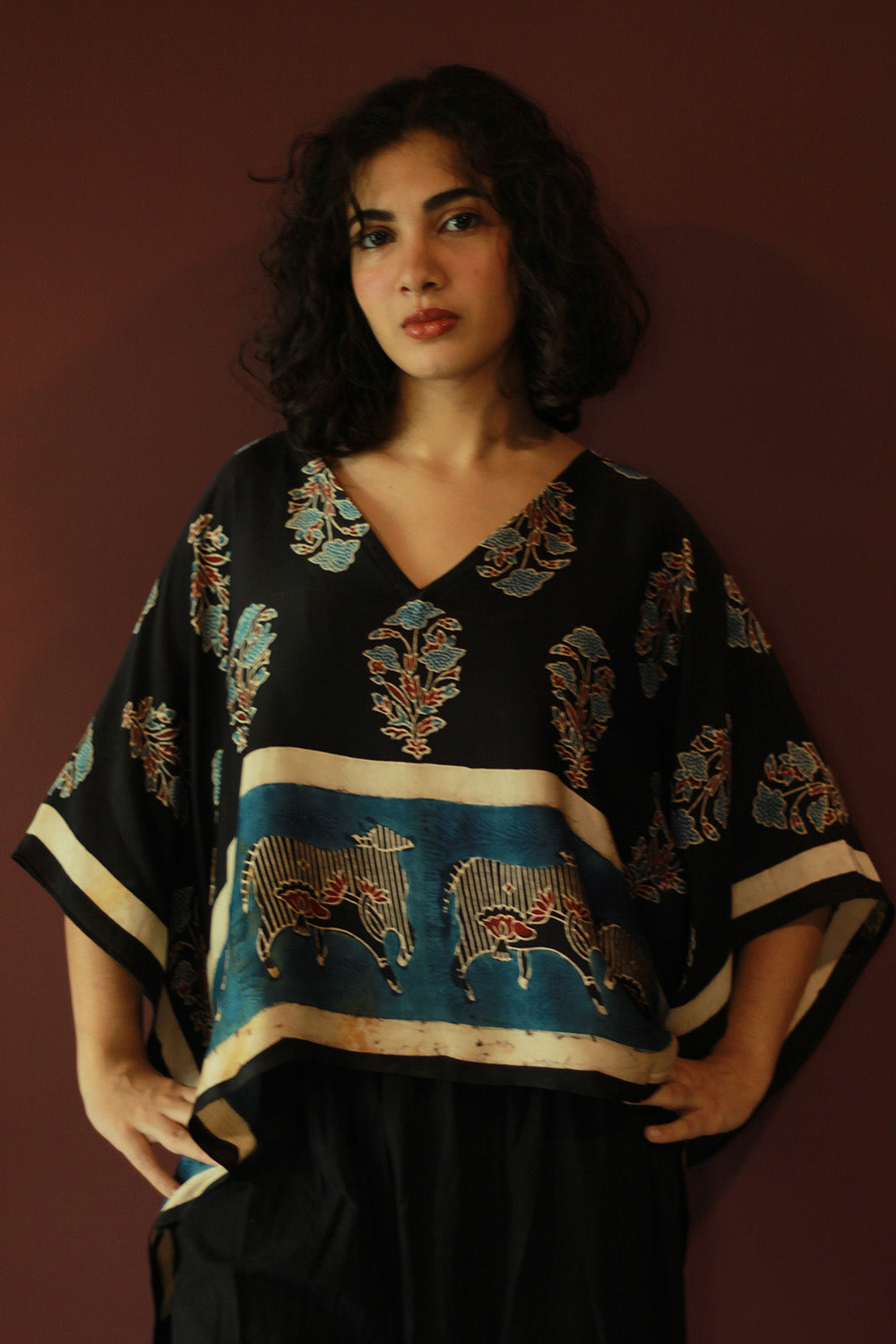 Taarini Mini | Modal Silk Kaftan Top | Noir Floral Ajrakh