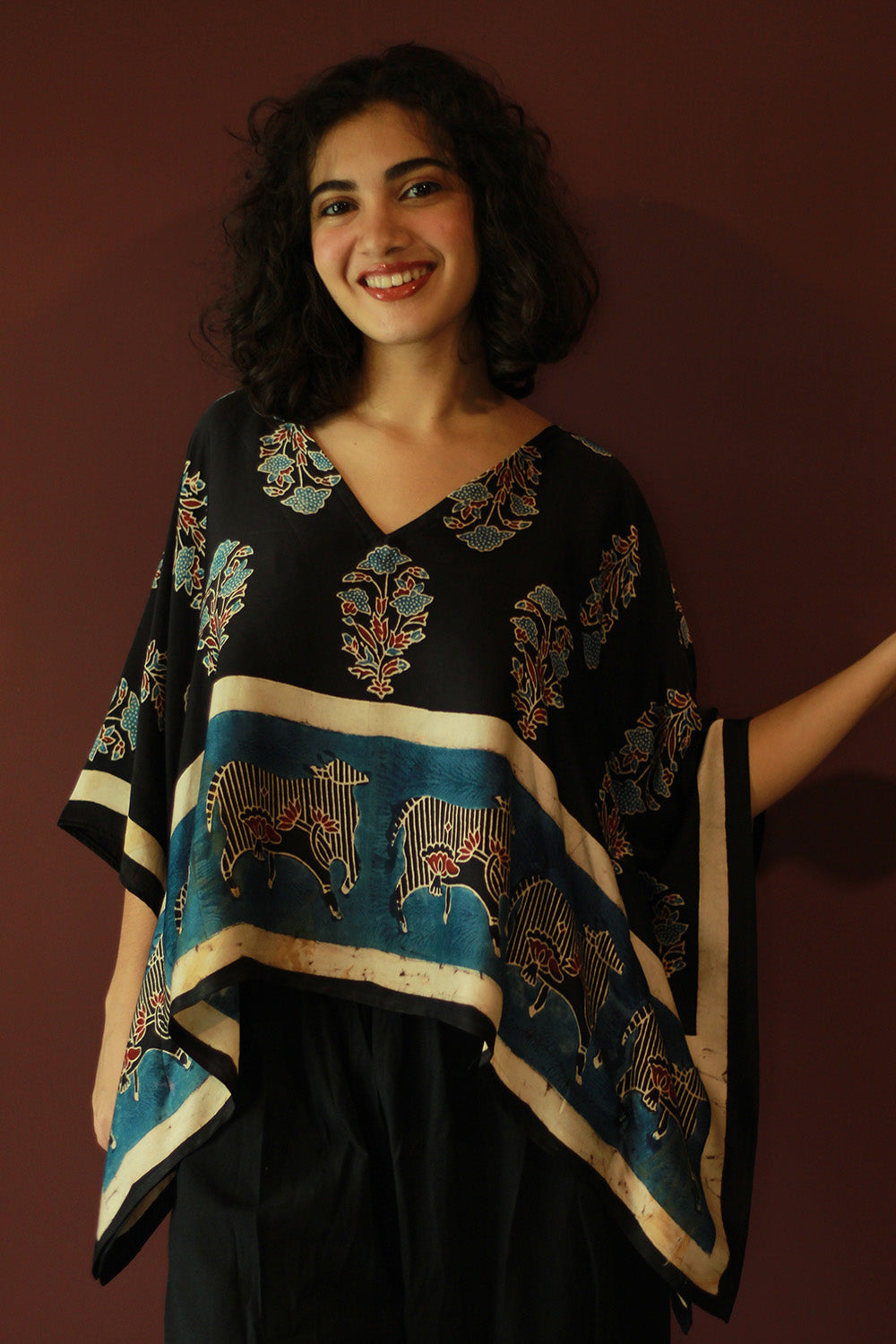 Taarini Mini | Modal Silk Kaftan Top | Noir Floral Ajrakh
