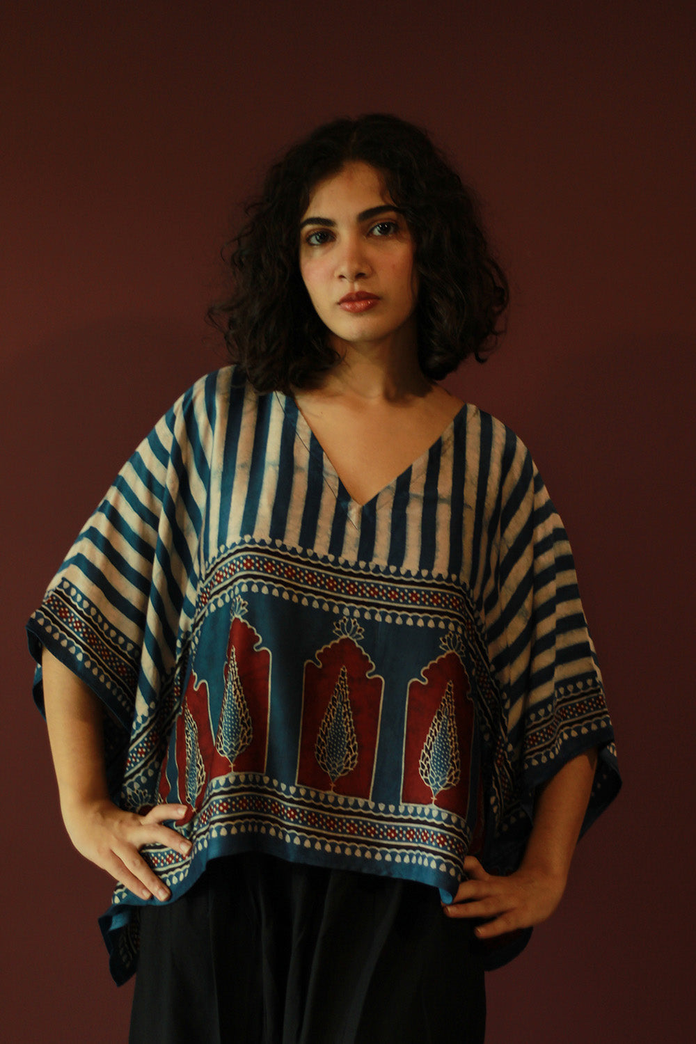 Taarini Mini | Modal Silk Kaftan Top | Blue Jharokha Ajrakh