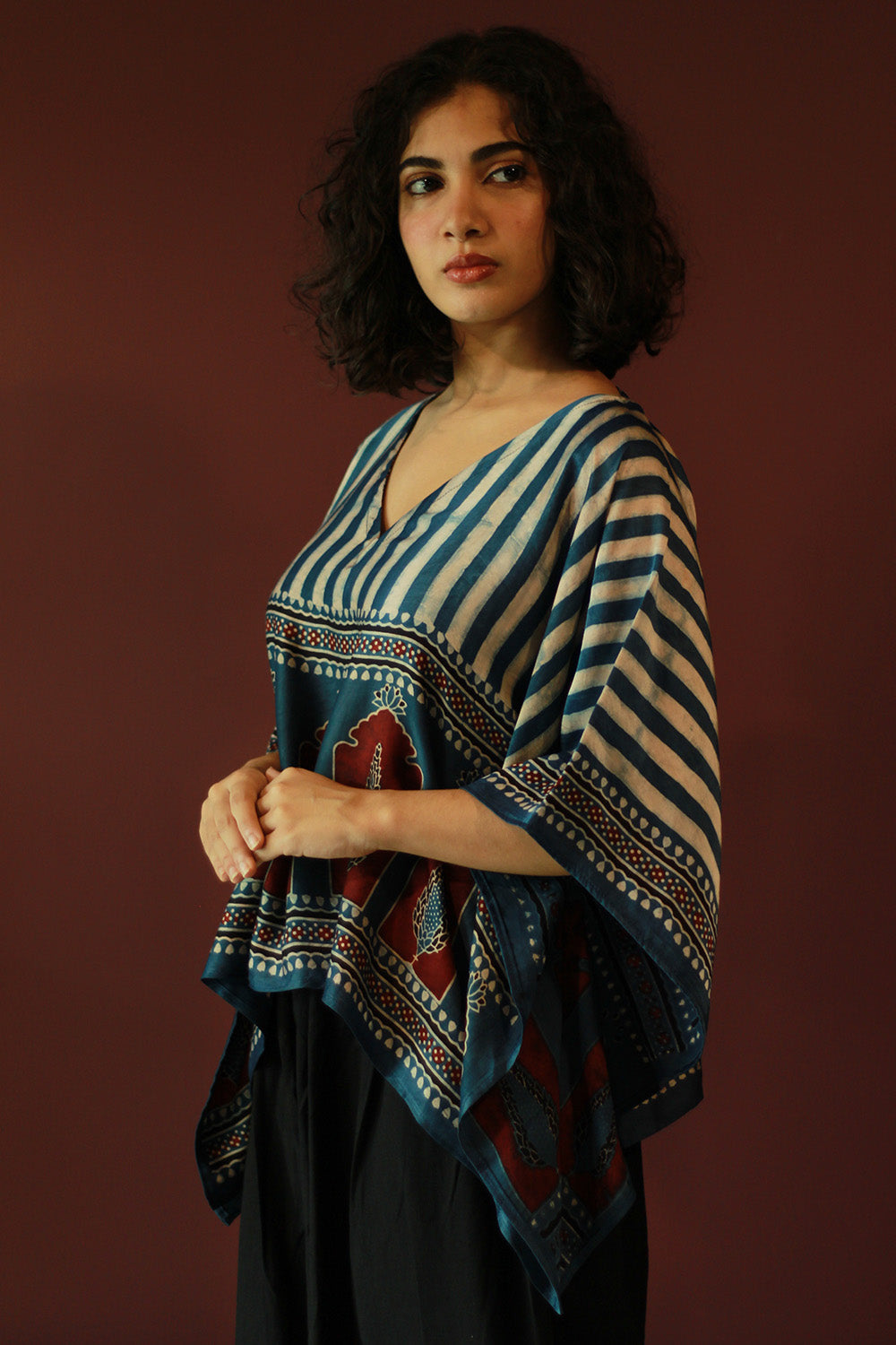 Taarini Mini | Modal Silk Kaftan Top | Blue Jharokha Ajrakh