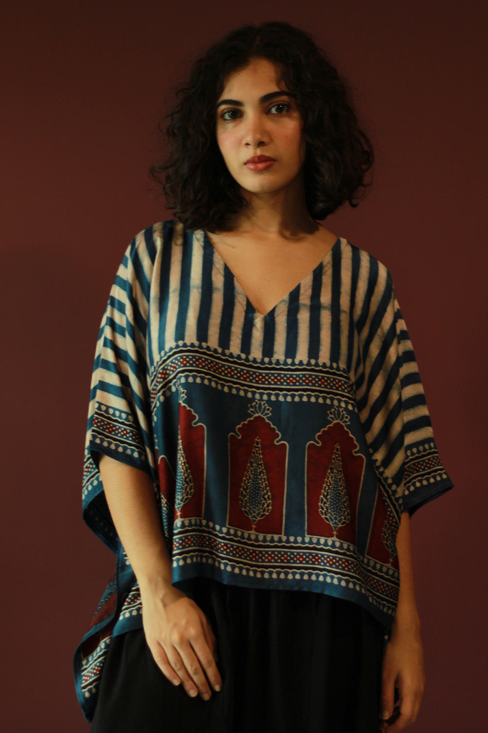 Taarini Mini | Modal Silk Kaftan Top | Blue Jharokha Ajrakh