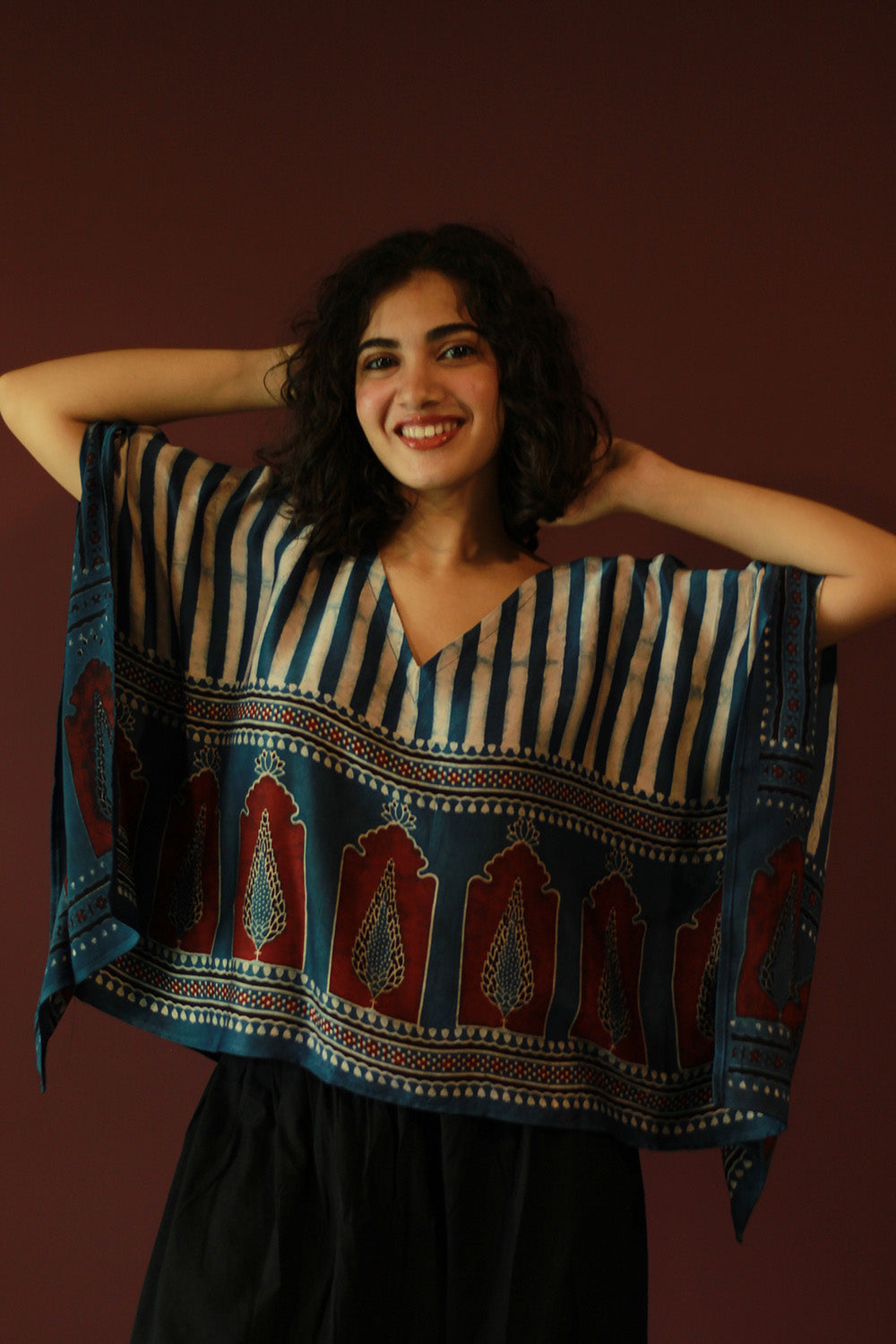 Taarini Mini | Modal Silk Kaftan Top | Blue Jharokha Ajrakh
