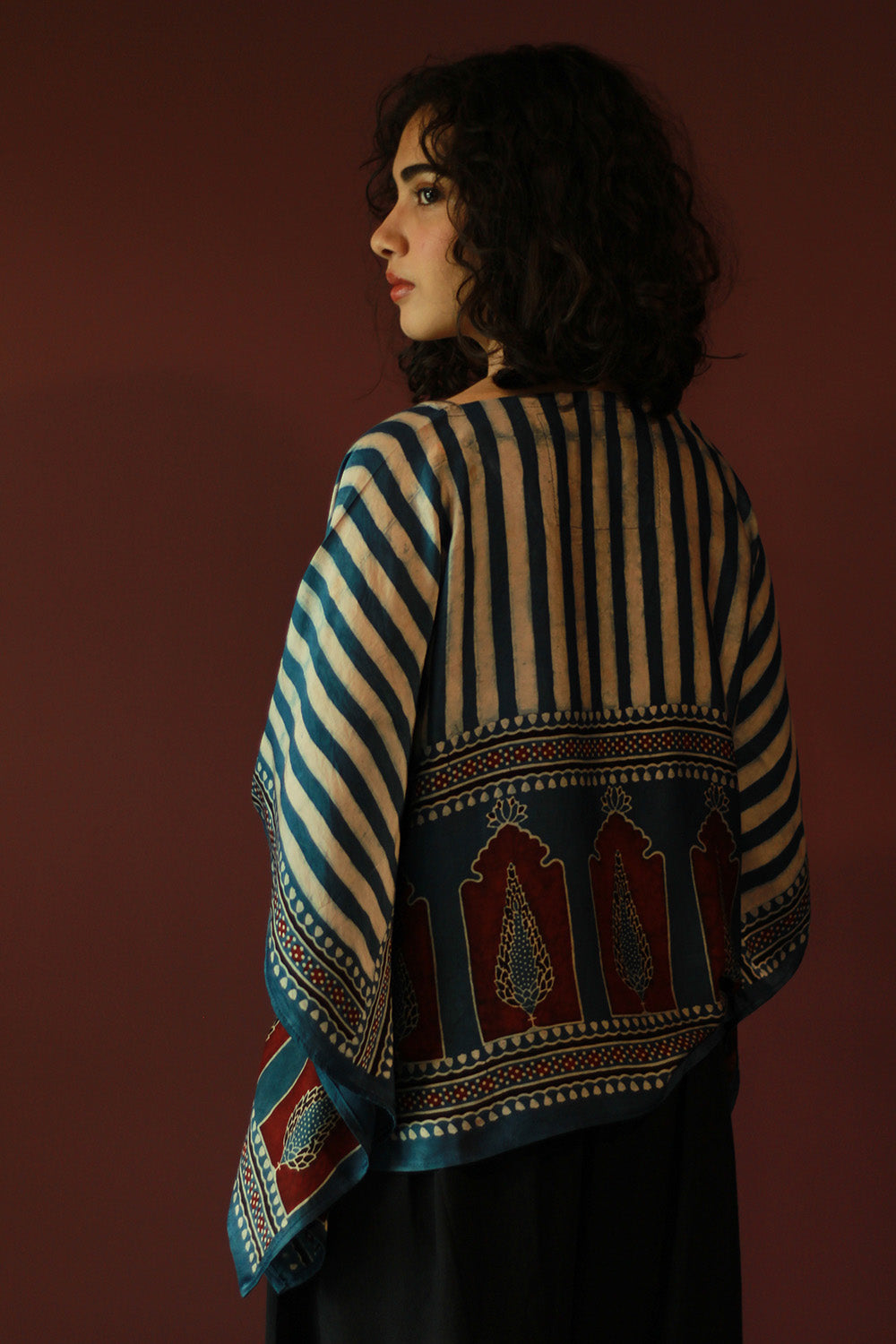 Taarini Mini | Modal Silk Kaftan Top | Blue Jharokha Ajrakh