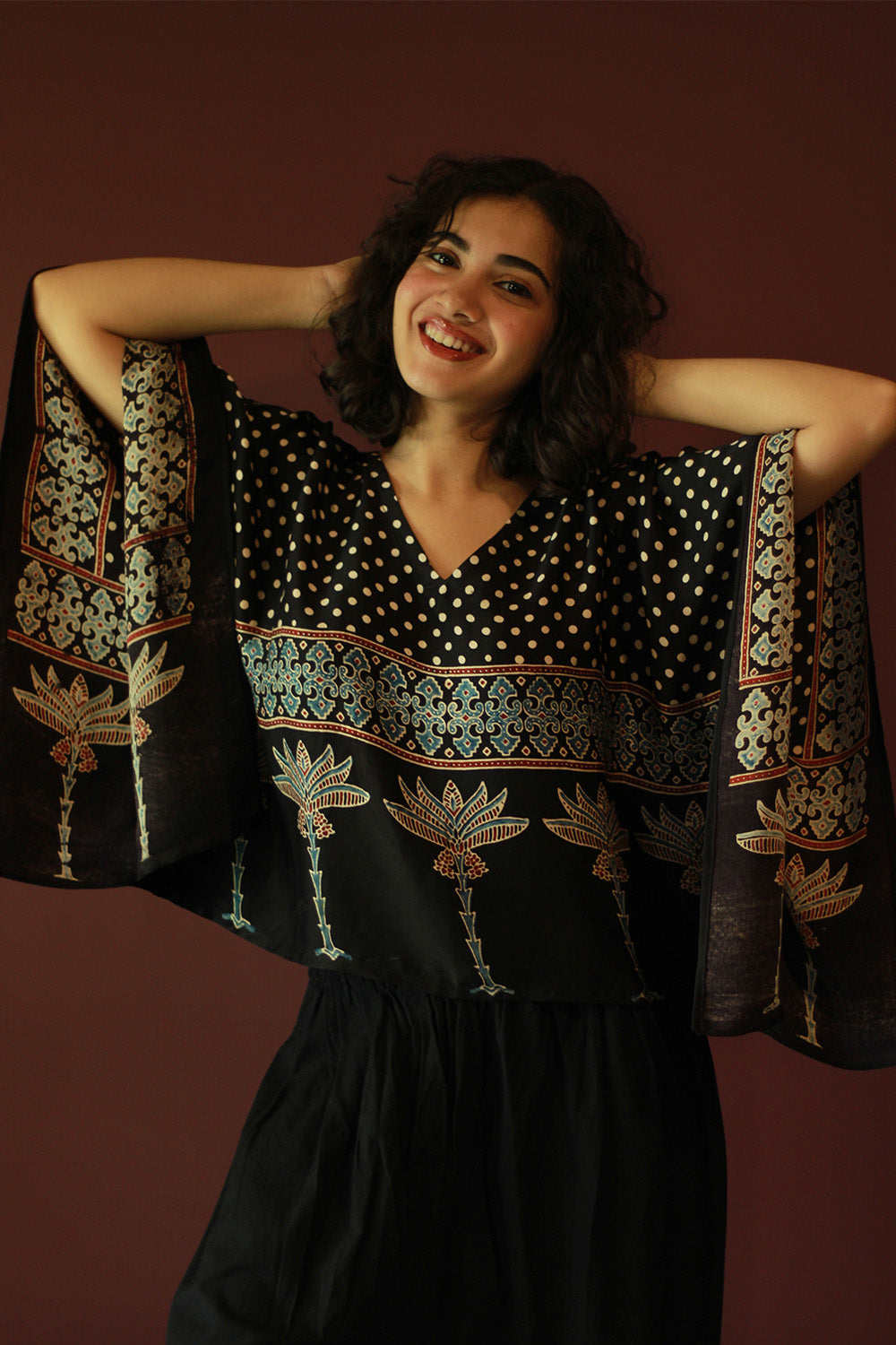 Taarini Mini | Modal Silk Kaftan Top | Noir Polka Ajrakh