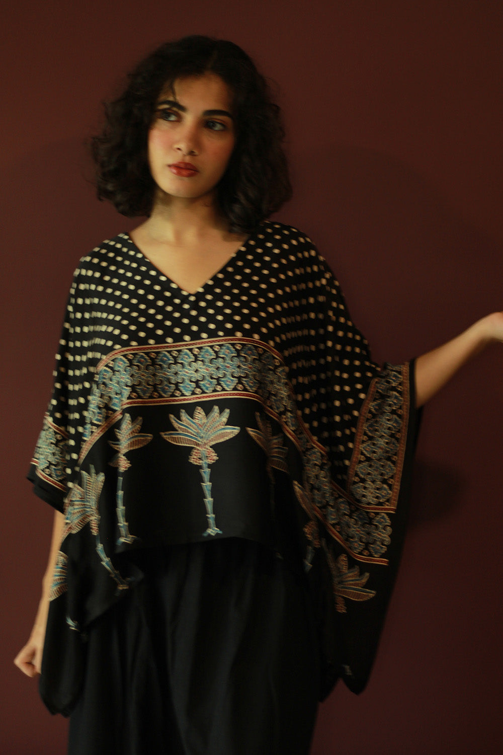 Taarini Mini | Modal Silk Kaftan Top | Noir Polka Ajrakh