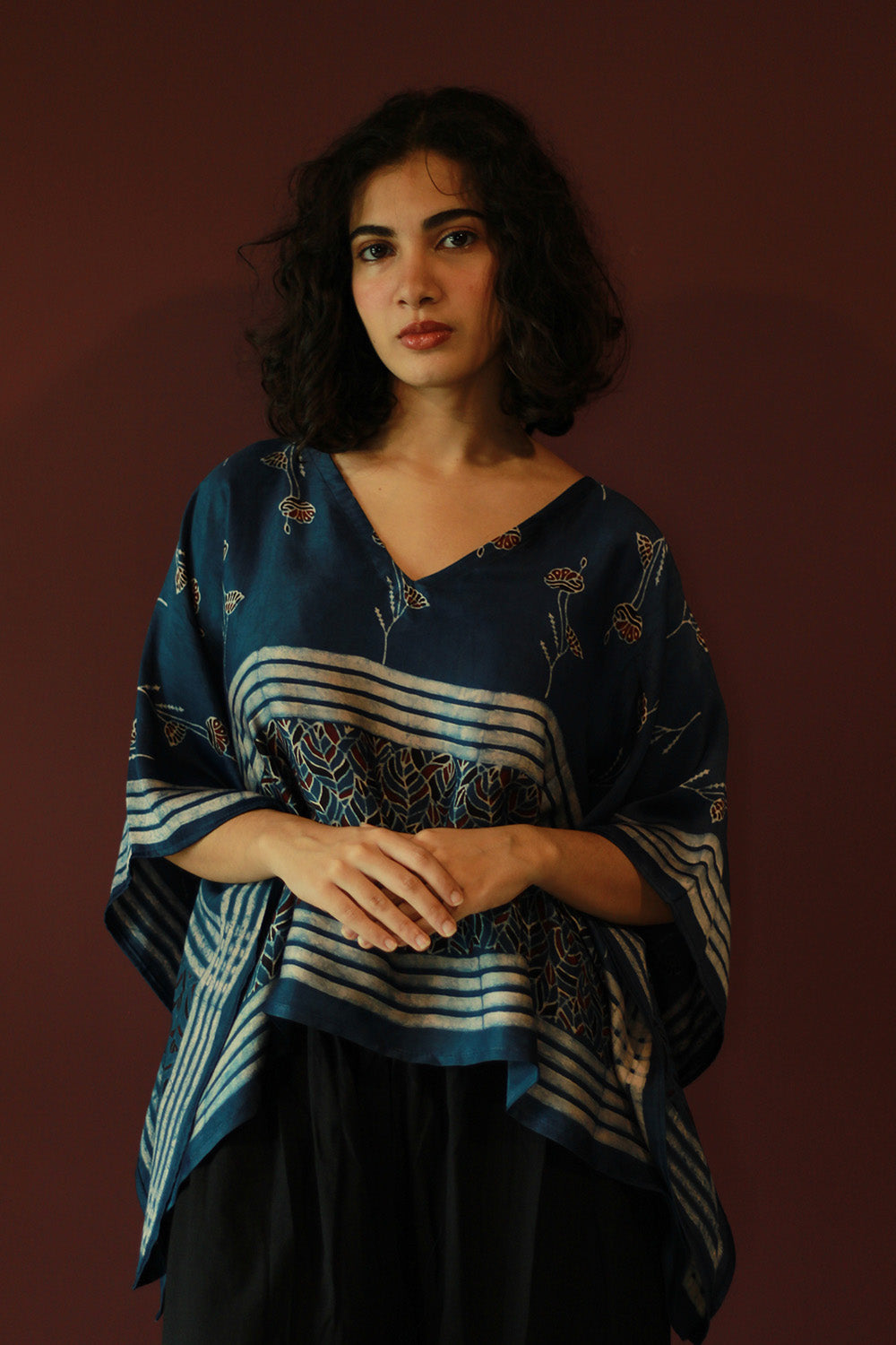 Taarini Mini | Modal Silk Kaftan Top | Blue Leaves Ajrakh