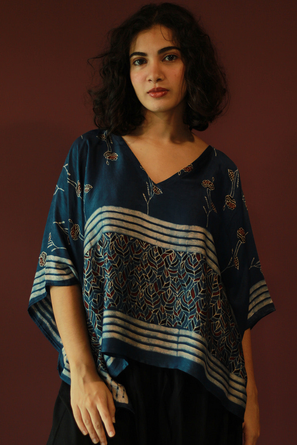 Taarini Mini | Modal Silk Kaftan Top | Blue Leaves Ajrakh