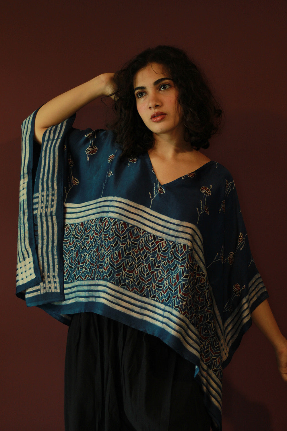 Taarini Mini | Modal Silk Kaftan Top | Blue Leaves Ajrakh
