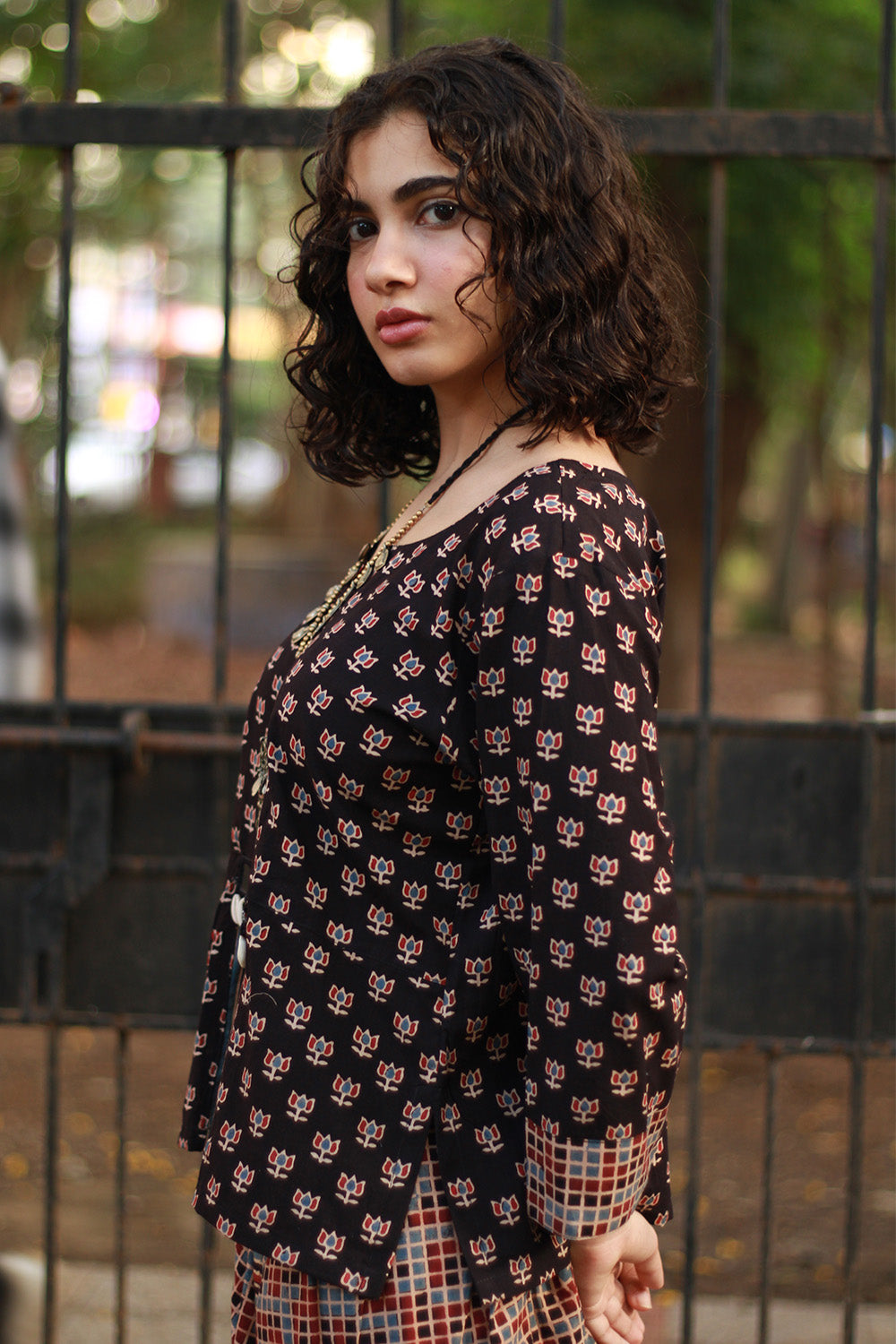 Afsana | Peplum Top with Mirrorwork | Noir Lotus Ajrakh