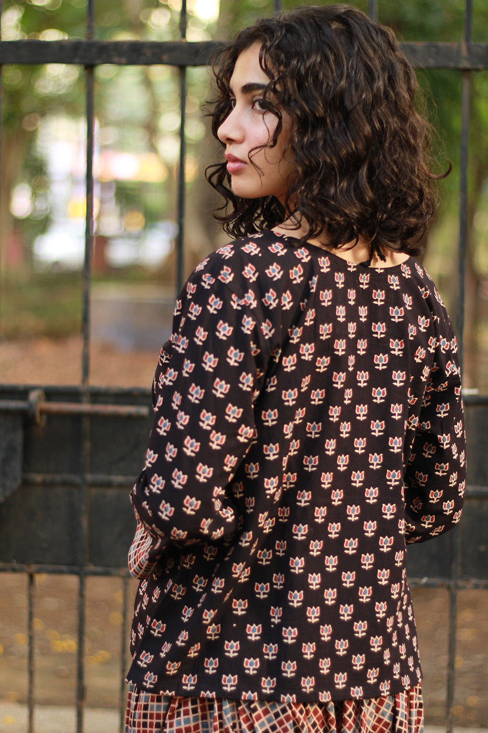 Afsana | Peplum Top with Mirrorwork | Noir Lotus Ajrakh